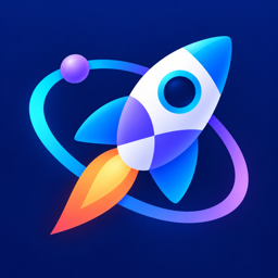 Curio app icon: a rocket circling an atom